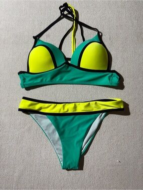 Green & Yellow Halter Bikini Set - Women Swim